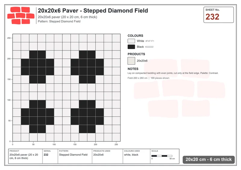 Interlock (Pasco) 20x20 cm · SQ22-232 · Stepped Diamond Field · Laying plan Interlock (Pasco) 20x20 cm · SQ22-232 · Stepped Diamond Field · Laying plan