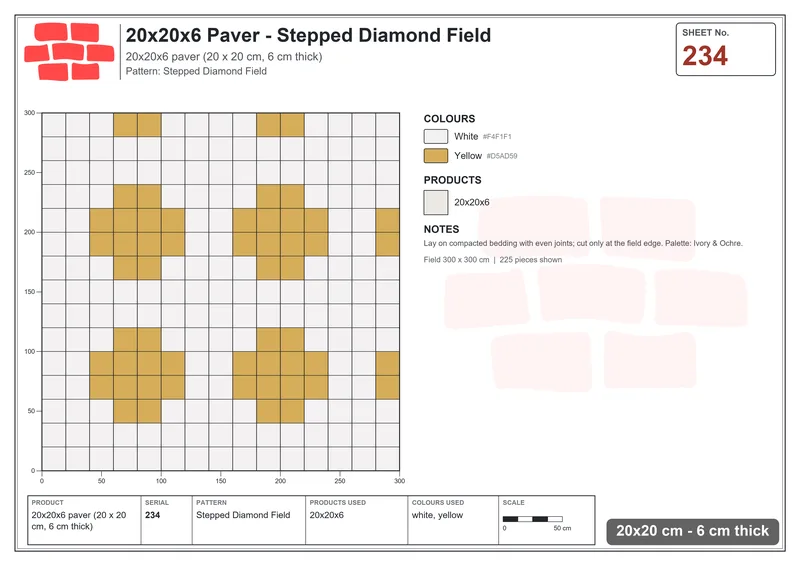 Interlock (Pasco) 20x20 cm · SQ22-234 · Stepped Diamond Field · Laying plan Interlock (Pasco) 20x20 cm · SQ22-234 · Stepped Diamond Field · Laying plan