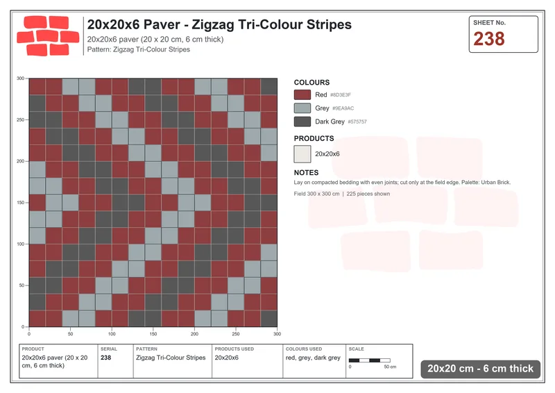 Interlock (Pasco) 20x20 cm · SQ22-238 · Zigzag Tri-Colour Stripes · Laying plan Interlock (Pasco) 20x20 cm · SQ22-238 · Zigzag Tri-Colour Stripes · Laying plan