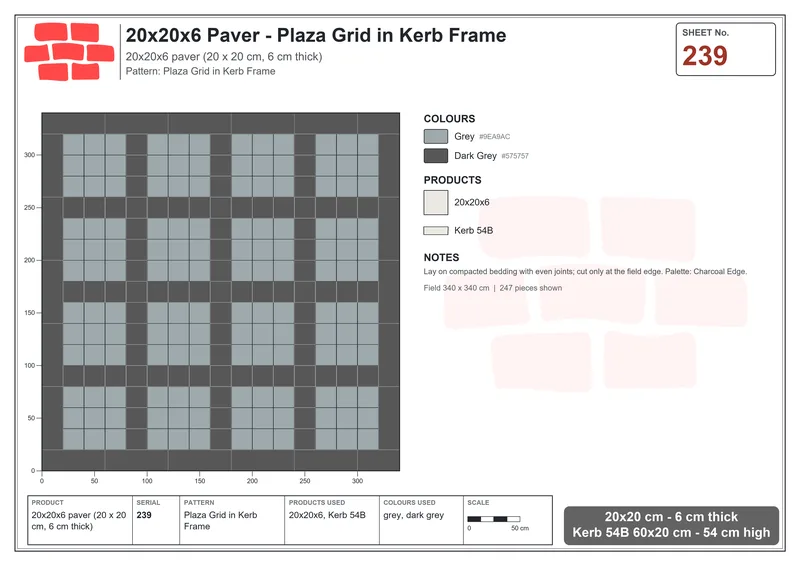 Interlock (Pasco) 20x20 cm · SQ22-239 · Plaza Grid in Kerb Frame · Laying plan Interlock (Pasco) 20x20 cm · SQ22-239 · Plaza Grid in Kerb Frame · Laying plan