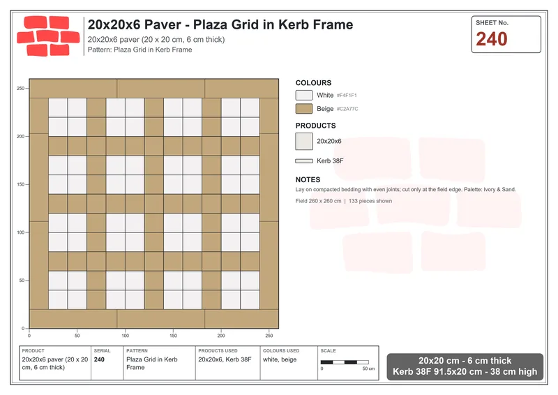 Interlock (Pasco) 20x20 cm · SQ22-240 · Plaza Grid in Kerb Frame · Laying plan Interlock (Pasco) 20x20 cm · SQ22-240 · Plaza Grid in Kerb Frame · Laying plan