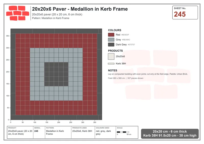 Interlock (Pasco) 20x20 cm · SQ22-245 · Medallion in Kerb Frame · Laying plan Interlock (Pasco) 20x20 cm · SQ22-245 · Medallion in Kerb Frame · Laying plan