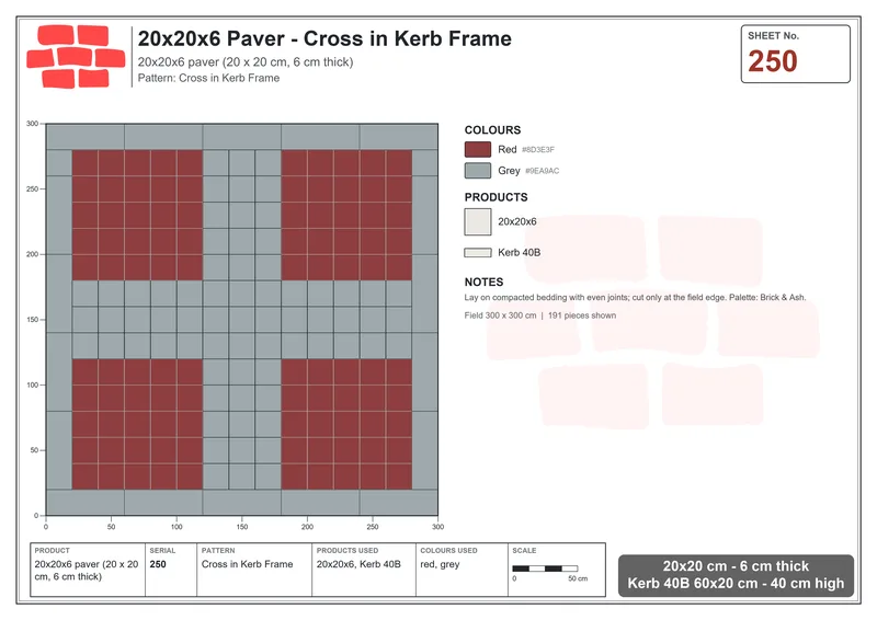 Interlock (Pasco) 20x20 cm · SQ22-250 · Cross in Kerb Frame · Laying plan Interlock (Pasco) 20x20 cm · SQ22-250 · Cross in Kerb Frame · Laying plan