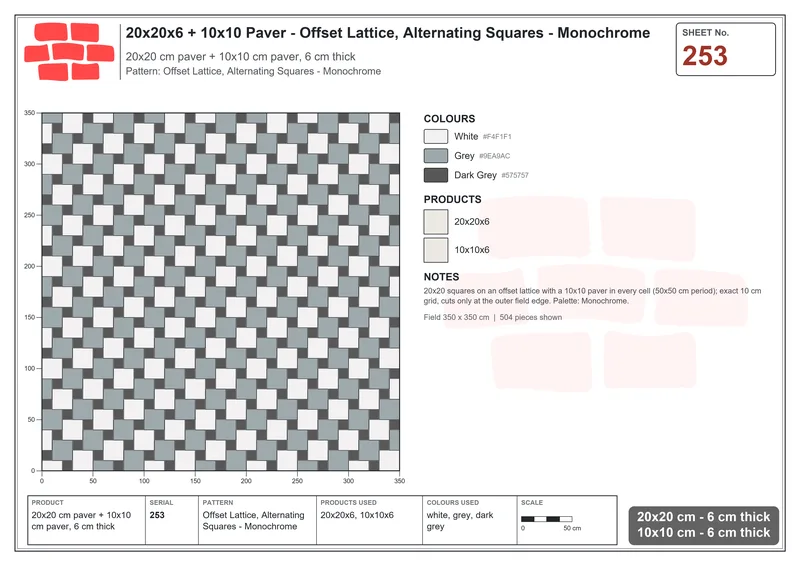 Interlock (Pasco) 20x20 cm · SQ22-253 · Offset Lattice, Alternating Squares - Monochrome · Laying plan Interlock (Pasco) 20x20 cm · SQ22-253 · Offset Lattice, Alternating Squares - Monochrome · Laying plan