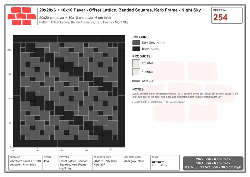 Interlock (Pasco) 20x20 cm · SQ22-254 · Offset Lattice, Banded Squares, Kerb Frame - Night Sky · Laying plan Interlock (Pasco) 20x20 cm · SQ22-254 · Offset Lattice, Banded Squares, Kerb Frame - Night Sky · Laying plan