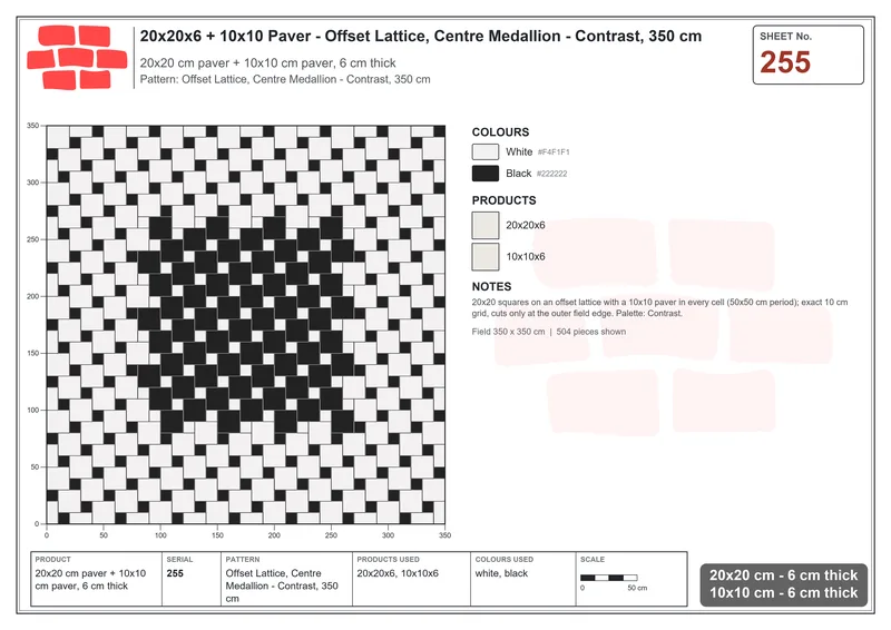 Interlock (Pasco) 20x20 cm · SQ22-255 · Offset Lattice, Centre Medallion - Contrast, 350 cm · Laying plan Interlock (Pasco) 20x20 cm · SQ22-255 · Offset Lattice, Centre Medallion - Contrast, 350 cm · Laying plan