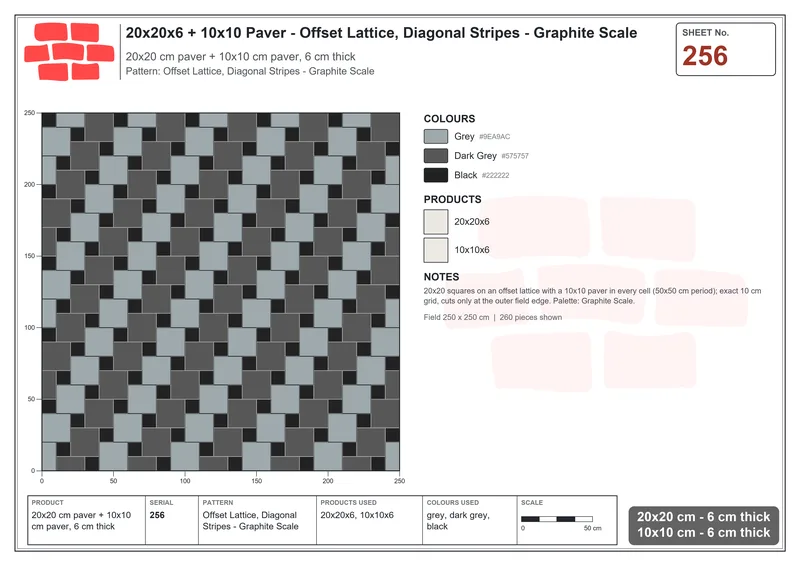 Interlock (Pasco) 20x20 cm · SQ22-256 · Offset Lattice, Diagonal Stripes - Graphite Scale · Laying plan Interlock (Pasco) 20x20 cm · SQ22-256 · Offset Lattice, Diagonal Stripes - Graphite Scale · Laying plan