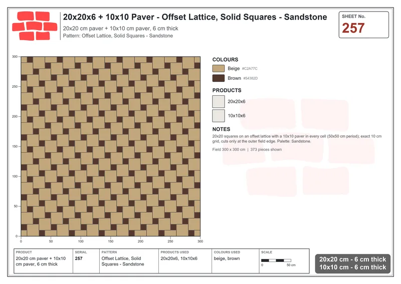 Interlock (Pasco) 20x20 cm · SQ22-257 · Offset Lattice, Solid Squares - Sandstone · Laying plan Interlock (Pasco) 20x20 cm · SQ22-257 · Offset Lattice, Solid Squares - Sandstone · Laying plan
