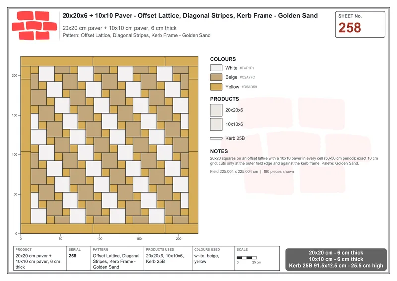 Interlock (Pasco) 20x20 cm · SQ22-258 · Offset Lattice, Diagonal Stripes, Kerb Frame - Golden Sand · Laying plan Interlock (Pasco) 20x20 cm · SQ22-258 · Offset Lattice, Diagonal Stripes, Kerb Frame - Golden Sand · Laying plan