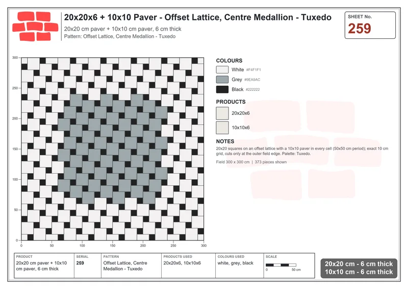 Interlock (Pasco) 20x20 cm · SQ22-259 · Offset Lattice, Centre Medallion - Tuxedo · Laying plan Interlock (Pasco) 20x20 cm · SQ22-259 · Offset Lattice, Centre Medallion - Tuxedo · Laying plan