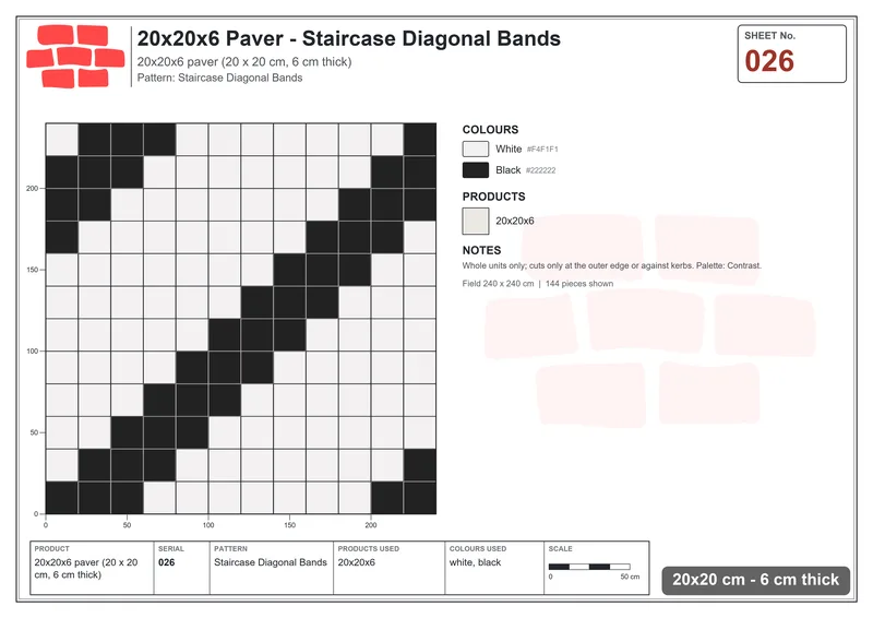 Interlock (Pasco) 20x20 cm · SQ22-26 · Staircase Diagonal Bands · Laying plan Interlock (Pasco) 20x20 cm · SQ22-26 · Staircase Diagonal Bands · Laying plan