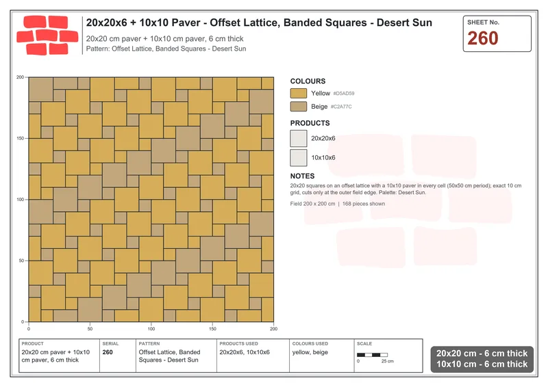 Interlock (Pasco) 20x20 cm · SQ22-260 · Offset Lattice, Banded Squares - Desert Sun · Laying plan Interlock (Pasco) 20x20 cm · SQ22-260 · Offset Lattice, Banded Squares - Desert Sun · Laying plan