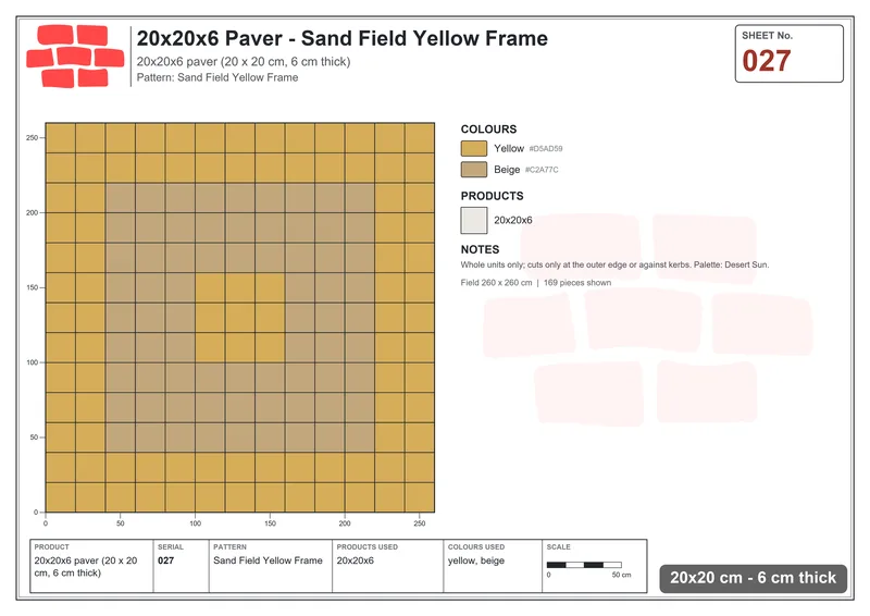 Interlock (Pasco) 20x20 cm · SQ22-27 · Sand Field Yellow Frame · Laying plan Interlock (Pasco) 20x20 cm · SQ22-27 · Sand Field Yellow Frame · Laying plan