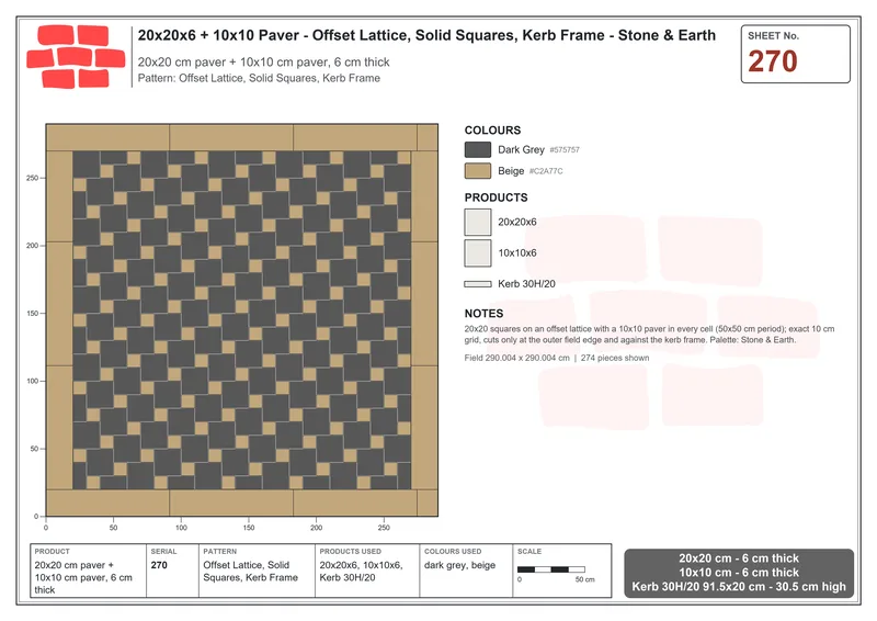 Interlock (Pasco) 20x20 cm · SQ22-270 · Offset Lattice, Solid Squares, Kerb Frame · Laying plan Interlock (Pasco) 20x20 cm · SQ22-270 · Offset Lattice, Solid Squares, Kerb Frame · Laying plan