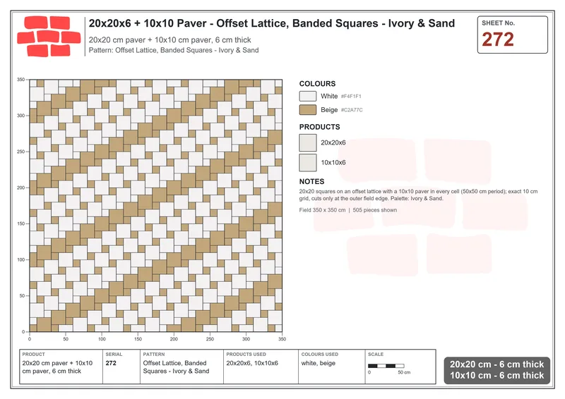 Interlock (Pasco) 20x20 cm · SQ22-272 · Offset Lattice, Banded Squares - Ivory & Sand · Laying plan Interlock (Pasco) 20x20 cm · SQ22-272 · Offset Lattice, Banded Squares - Ivory & Sand · Laying plan