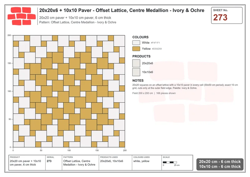 Interlock (Pasco) 20x20 cm · SQ22-273 · Offset Lattice, Centre Medallion - Ivory & Ochre · Laying plan Interlock (Pasco) 20x20 cm · SQ22-273 · Offset Lattice, Centre Medallion - Ivory & Ochre · Laying plan