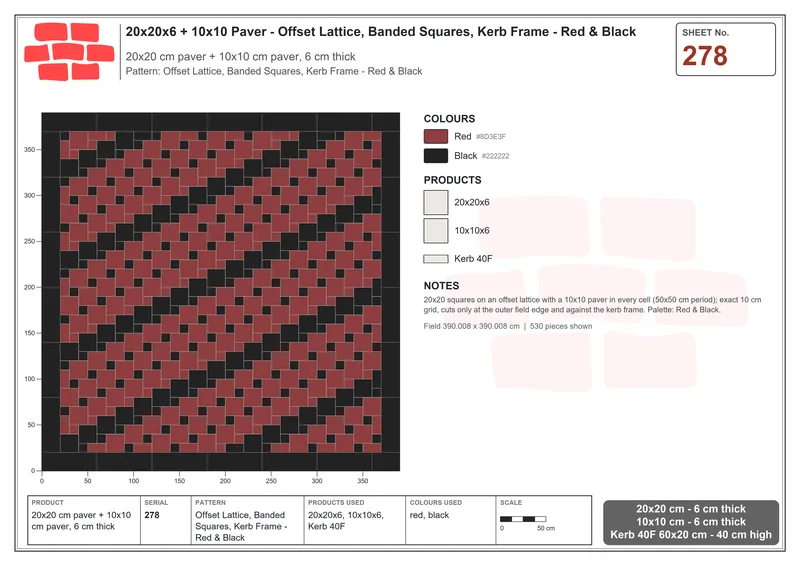 Interlock (Pasco) 20x20 cm · SQ22-278 · Offset Lattice, Banded Squares, Kerb Frame - Red & Black · Laying plan Interlock (Pasco) 20x20 cm · SQ22-278 · Offset Lattice, Banded Squares, Kerb Frame - Red & Black · Laying plan