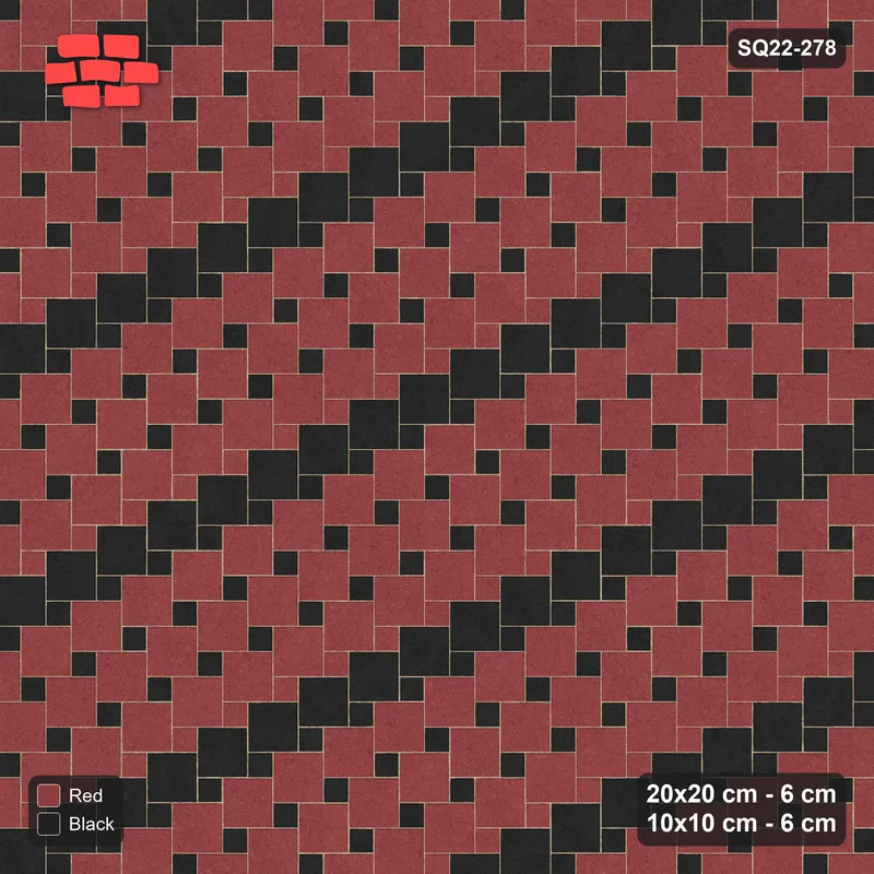 Interlock (Pasco) 20x20 cm · SQ22-278 · Offset Lattice, Banded Squares, Kerb Frame - Red & Black · Top view