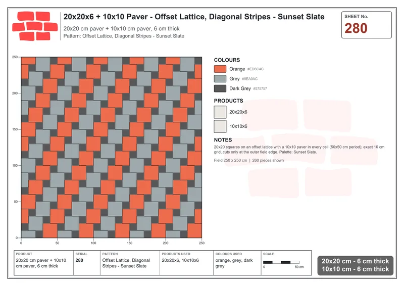 Interlock (Pasco) 20x20 cm · SQ22-280 · Offset Lattice, Diagonal Stripes - Sunset Slate · Laying plan Interlock (Pasco) 20x20 cm · SQ22-280 · Offset Lattice, Diagonal Stripes - Sunset Slate · Laying plan