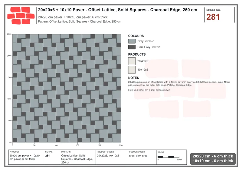 Interlock (Pasco) 20x20 cm · SQ22-281 · Offset Lattice, Solid Squares - Charcoal Edge, 250 cm · Laying plan Interlock (Pasco) 20x20 cm · SQ22-281 · Offset Lattice, Solid Squares - Charcoal Edge, 250 cm · Laying plan