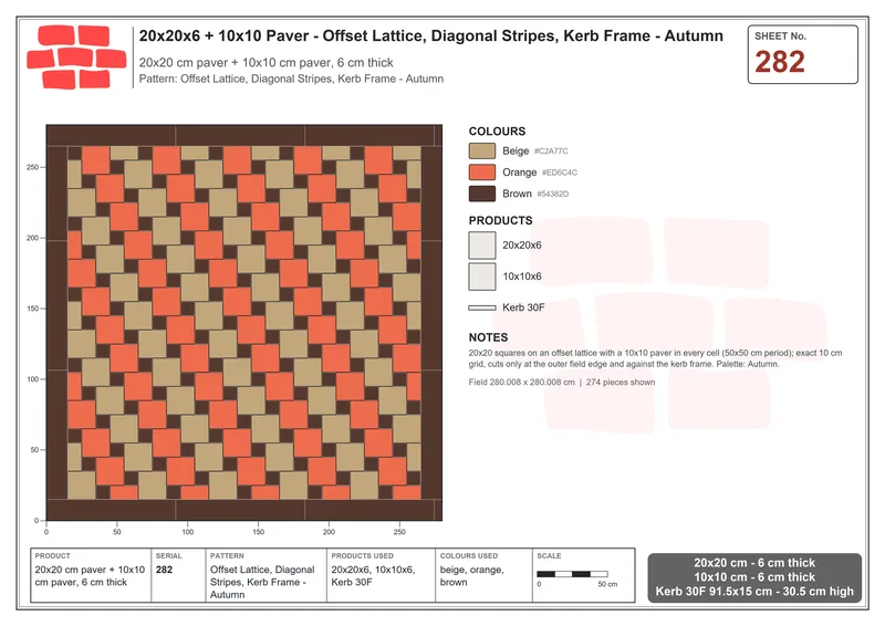 Interlock (Pasco) 20x20 cm · SQ22-282 · Offset Lattice, Diagonal Stripes, Kerb Frame - Autumn · Laying plan Interlock (Pasco) 20x20 cm · SQ22-282 · Offset Lattice, Diagonal Stripes, Kerb Frame - Autumn · Laying plan