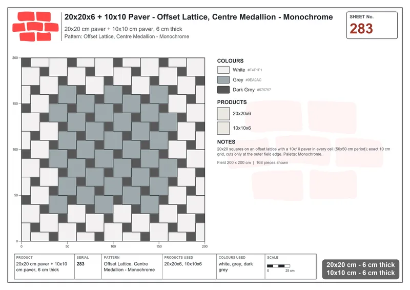 Interlock (Pasco) 20x20 cm · SQ22-283 · Offset Lattice, Centre Medallion - Monochrome · Laying plan Interlock (Pasco) 20x20 cm · SQ22-283 · Offset Lattice, Centre Medallion - Monochrome · Laying plan