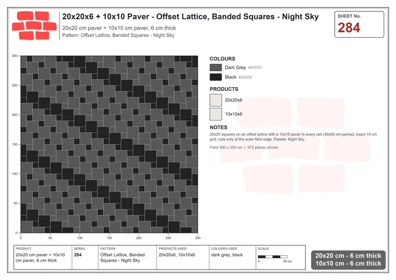Interlock (Pasco) 20x20 cm · SQ22-284 · Offset Lattice, Banded Squares - Night Sky · Laying plan Interlock (Pasco) 20x20 cm · SQ22-284 · Offset Lattice, Banded Squares - Night Sky · Laying plan