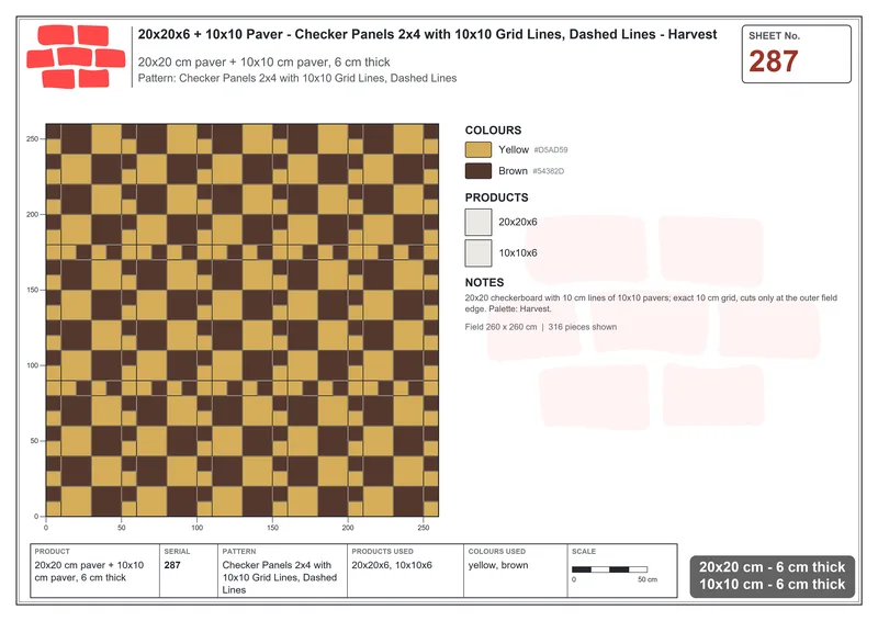 Interlock (Pasco) 20x20 cm · SQ22-287 · Checker Panels 2x4 with 10x10 Grid Lines, Dashed Lines · Laying plan Interlock (Pasco) 20x20 cm · SQ22-287 · Checker Panels 2x4 with 10x10 Grid Lines, Dashed Lines · Laying plan