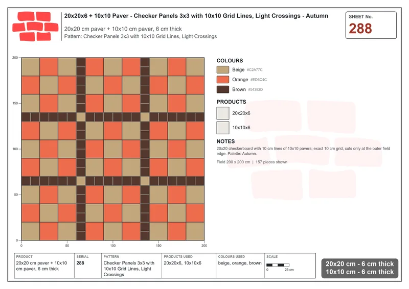 Interlock (Pasco) 20x20 cm · SQ22-288 · Checker Panels 3x3 with 10x10 Grid Lines, Light Crossings · Laying plan Interlock (Pasco) 20x20 cm · SQ22-288 · Checker Panels 3x3 with 10x10 Grid Lines, Light Crossings · Laying plan