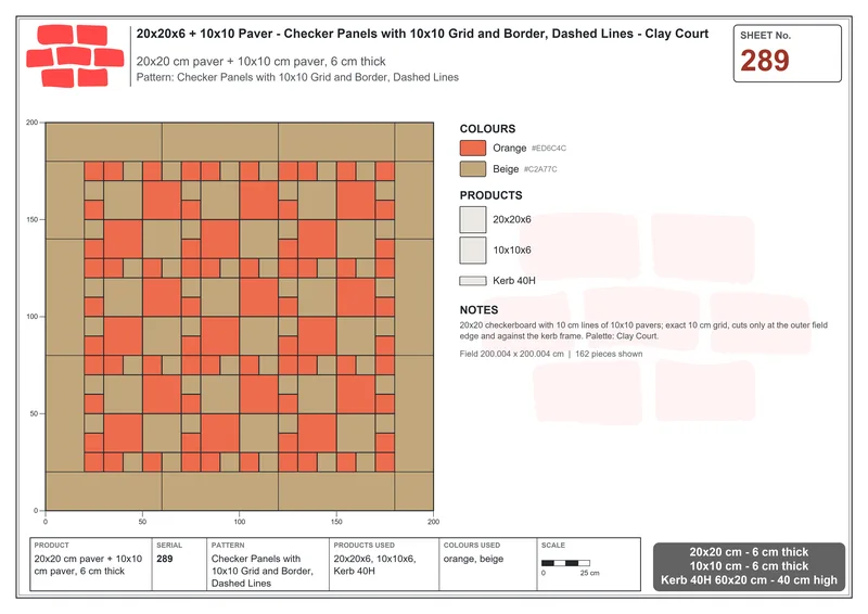 Interlock (Pasco) 20x20 cm · SQ22-289 · Checker Panels with 10x10 Grid and Border, Dashed Lines · Laying plan Interlock (Pasco) 20x20 cm · SQ22-289 · Checker Panels with 10x10 Grid and Border, Dashed Lines · Laying plan