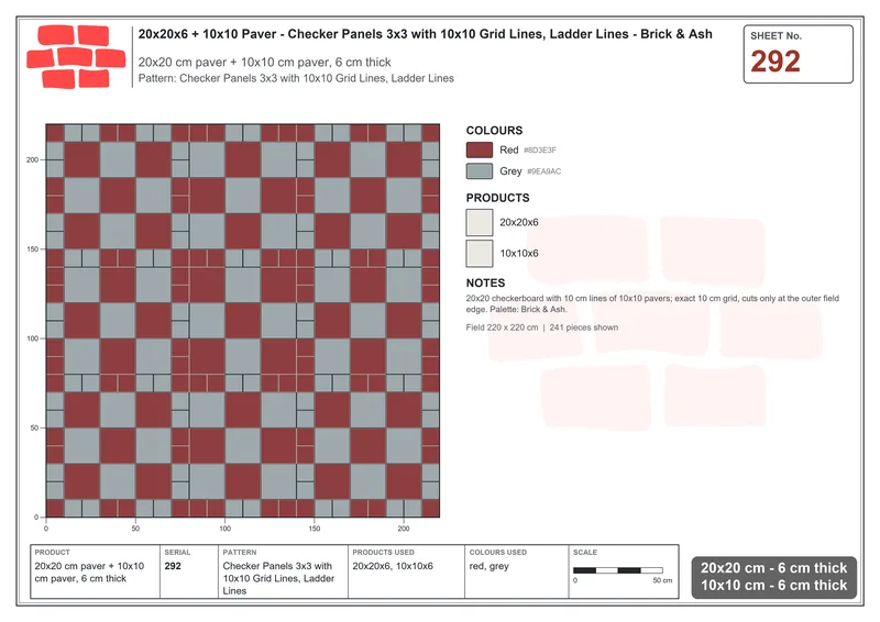 Interlock (Pasco) 20x20 cm · SQ22-292 · Checker Panels 3x3 with 10x10 Grid Lines, Ladder Lines · Laying plan Interlock (Pasco) 20x20 cm · SQ22-292 · Checker Panels 3x3 with 10x10 Grid Lines, Ladder Lines · Laying plan