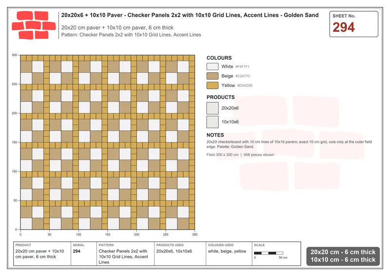 Interlock (Pasco) 20x20 cm · SQ22-294 · Checker Panels 2x2 with 10x10 Grid Lines, Accent Lines · Laying plan Interlock (Pasco) 20x20 cm · SQ22-294 · Checker Panels 2x2 with 10x10 Grid Lines, Accent Lines · Laying plan