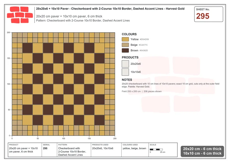 Interlock (Pasco) 20x20 cm · SQ22-295 · Checkerboard with 2-Course 10x10 Border, Dashed Accent Lines · Laying plan Interlock (Pasco) 20x20 cm · SQ22-295 · Checkerboard with 2-Course 10x10 Border, Dashed Accent Lines · Laying plan