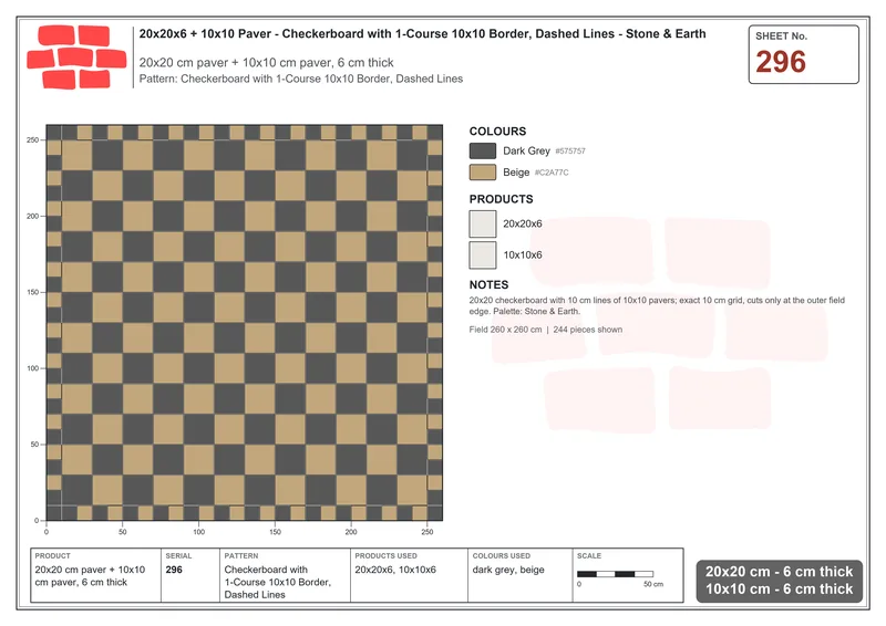 Interlock (Pasco) 20x20 cm · SQ22-296 · Checkerboard with 1-Course 10x10 Border, Dashed Lines · Laying plan Interlock (Pasco) 20x20 cm · SQ22-296 · Checkerboard with 1-Course 10x10 Border, Dashed Lines · Laying plan