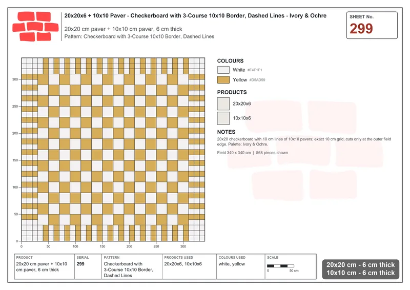Interlock (Pasco) 20x20 cm · SQ22-299 · Checkerboard with 3-Course 10x10 Border, Dashed Lines · Laying plan Interlock (Pasco) 20x20 cm · SQ22-299 · Checkerboard with 3-Course 10x10 Border, Dashed Lines · Laying plan