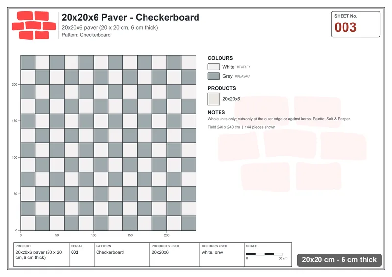 Interlock (Pasco) 20x20 cm · SQ22-3 · Checkerboard · Laying plan Interlock (Pasco) 20x20 cm · SQ22-3 · Checkerboard · Laying plan