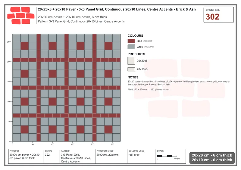 Interlock (Pasco) 20x20 cm · SQ22-302 · 3x3 Panel Grid, Continuous 20x10 Lines, Centre Accents · Laying plan Interlock (Pasco) 20x20 cm · SQ22-302 · 3x3 Panel Grid, Continuous 20x10 Lines, Centre Accents · Laying plan