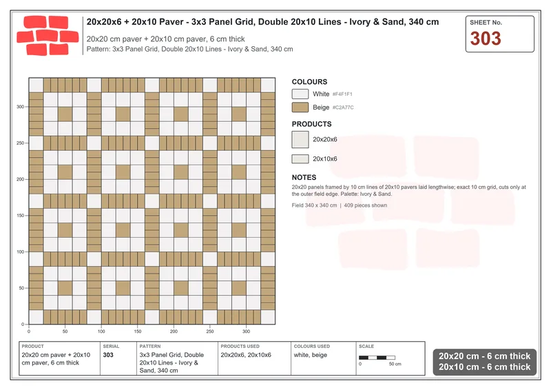 Interlock (Pasco) 20x20 cm · SQ22-303 · 3x3 Panel Grid, Double 20x10 Lines - Ivory & Sand, 340 cm · Laying plan Interlock (Pasco) 20x20 cm · SQ22-303 · 3x3 Panel Grid, Double 20x10 Lines - Ivory & Sand, 340 cm · Laying plan