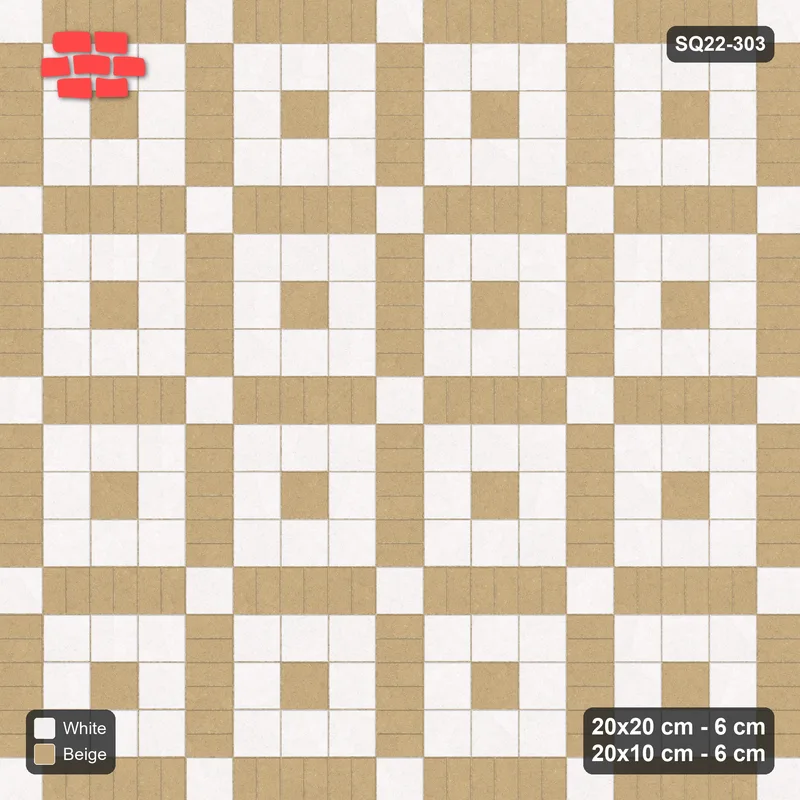Interlock (Pasco) 20x20 cm · SQ22-303 · 3x3 Panel Grid, Double 20x10 Lines - Ivory & Sand, 340 cm · Top view