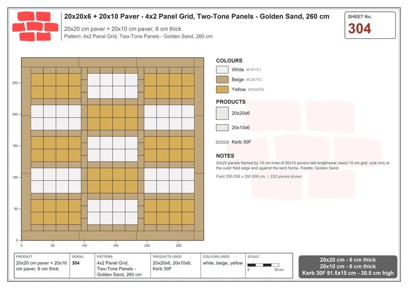 Interlock (Pasco) 20x20 cm · SQ22-304 · 4x2 Panel Grid, Two-Tone Panels - Golden Sand, 260 cm · Laying plan Interlock (Pasco) 20x20 cm · SQ22-304 · 4x2 Panel Grid, Two-Tone Panels - Golden Sand, 260 cm · Laying plan