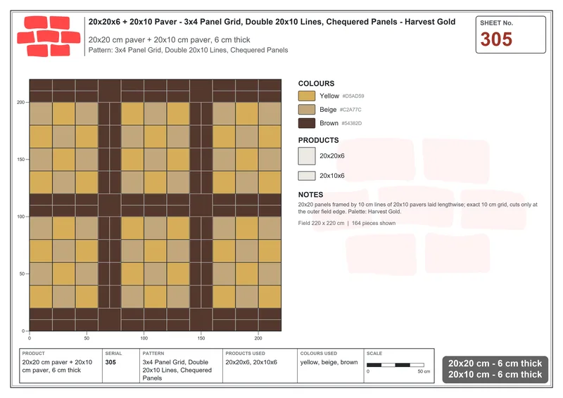 Interlock (Pasco) 20x20 cm · SQ22-305 · 3x4 Panel Grid, Double 20x10 Lines, Chequered Panels · Laying plan Interlock (Pasco) 20x20 cm · SQ22-305 · 3x4 Panel Grid, Double 20x10 Lines, Chequered Panels · Laying plan