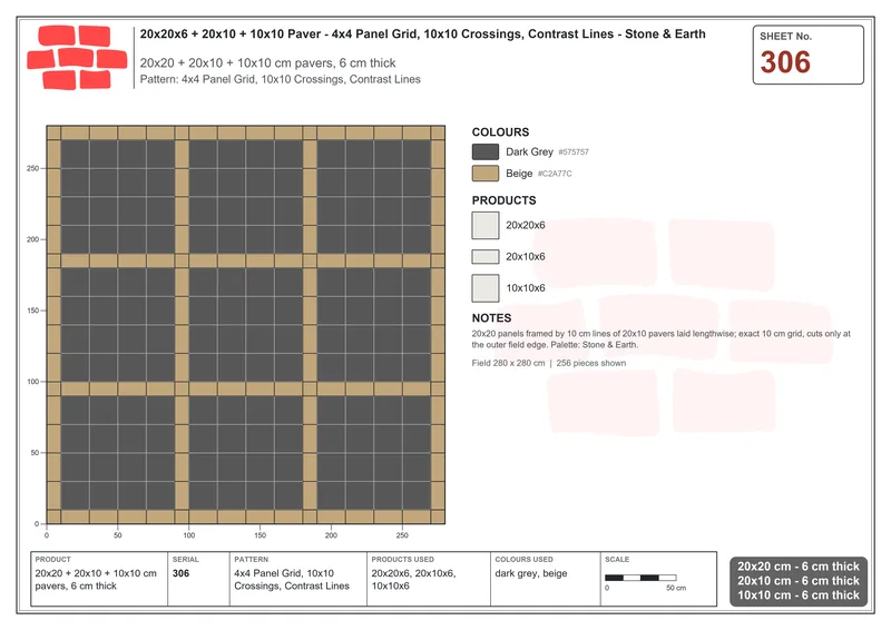 Interlock (Pasco) 20x20 cm · SQ22-306 · 4x4 Panel Grid, 10x10 Crossings, Contrast Lines · Laying plan Interlock (Pasco) 20x20 cm · SQ22-306 · 4x4 Panel Grid, 10x10 Crossings, Contrast Lines · Laying plan