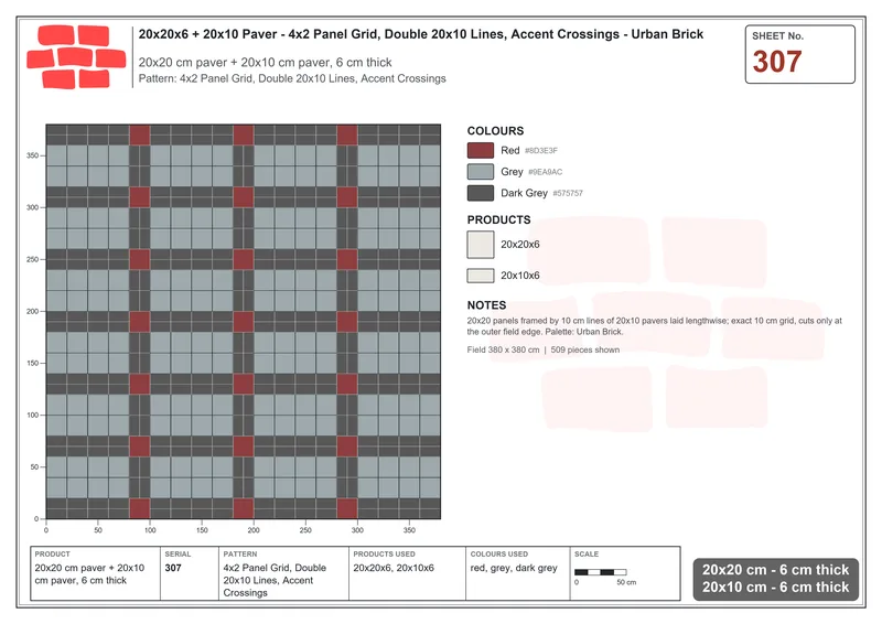 Interlock (Pasco) 20x20 cm · SQ22-307 · 4x2 Panel Grid, Double 20x10 Lines, Accent Crossings · Laying plan Interlock (Pasco) 20x20 cm · SQ22-307 · 4x2 Panel Grid, Double 20x10 Lines, Accent Crossings · Laying plan