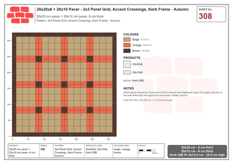 Interlock (Pasco) 20x20 cm · SQ22-308 · 3x3 Panel Grid, Accent Crossings, Kerb Frame - Autumn · Laying plan Interlock (Pasco) 20x20 cm · SQ22-308 · 3x3 Panel Grid, Accent Crossings, Kerb Frame - Autumn · Laying plan
