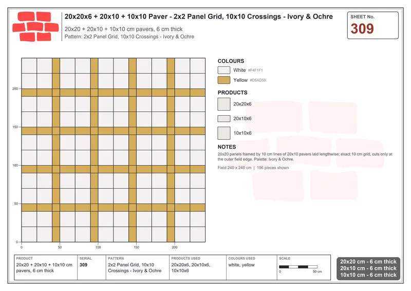 Interlock (Pasco) 20x20 cm · SQ22-309 · 2x2 Panel Grid, 10x10 Crossings - Ivory & Ochre · Laying plan Interlock (Pasco) 20x20 cm · SQ22-309 · 2x2 Panel Grid, 10x10 Crossings - Ivory & Ochre · Laying plan