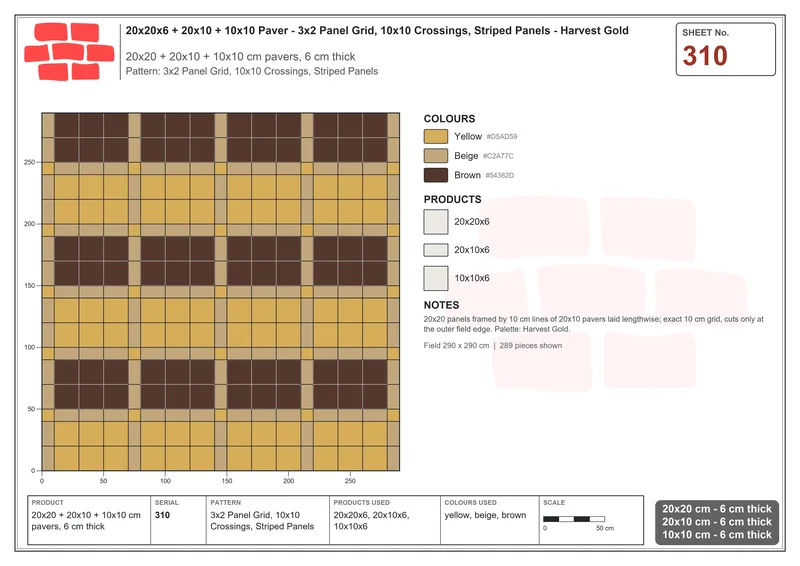 Interlock (Pasco) 20x20 cm · SQ22-310 · 3x2 Panel Grid, 10x10 Crossings, Striped Panels · Laying plan Interlock (Pasco) 20x20 cm · SQ22-310 · 3x2 Panel Grid, 10x10 Crossings, Striped Panels · Laying plan
