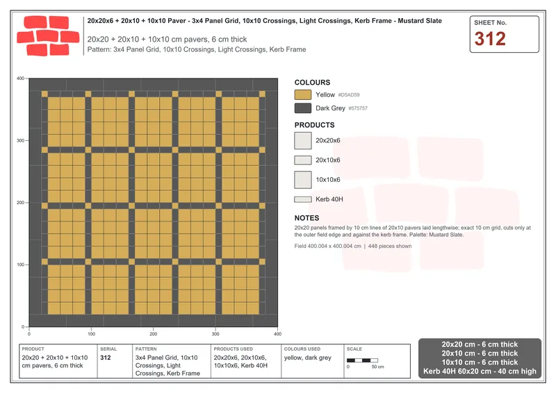 Interlock (Pasco) 20x20 cm · SQ22-312 · 3x4 Panel Grid, 10x10 Crossings, Light Crossings, Kerb Frame · Laying plan Interlock (Pasco) 20x20 cm · SQ22-312 · 3x4 Panel Grid, 10x10 Crossings, Light Crossings, Kerb Frame · Laying plan