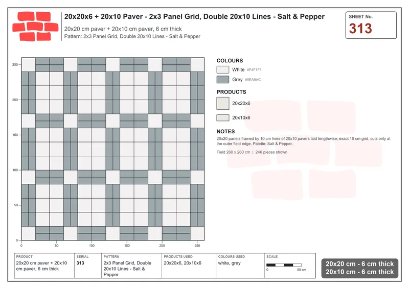 Interlock (Pasco) 20x20 cm · SQ22-313 · 2x3 Panel Grid, Double 20x10 Lines - Salt & Pepper · Laying plan Interlock (Pasco) 20x20 cm · SQ22-313 · 2x3 Panel Grid, Double 20x10 Lines - Salt & Pepper · Laying plan