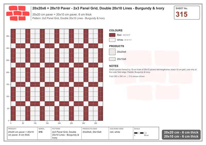 Interlock (Pasco) 20x20 cm · SQ22-315 · 2x3 Panel Grid, Double 20x10 Lines - Burgundy & Ivory · Laying plan Interlock (Pasco) 20x20 cm · SQ22-315 · 2x3 Panel Grid, Double 20x10 Lines - Burgundy & Ivory · Laying plan