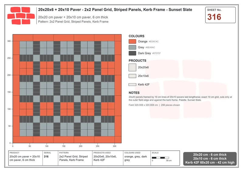 Interlock (Pasco) 20x20 cm · SQ22-316 · 2x2 Panel Grid, Striped Panels, Kerb Frame · Laying plan Interlock (Pasco) 20x20 cm · SQ22-316 · 2x2 Panel Grid, Striped Panels, Kerb Frame · Laying plan